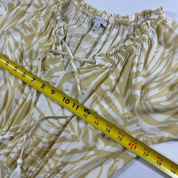 PATRONS OF PEACE Boho Smock Waist Dress Tiered Ruffles Tassels Celery & White‎ S - Picture 9 of 13